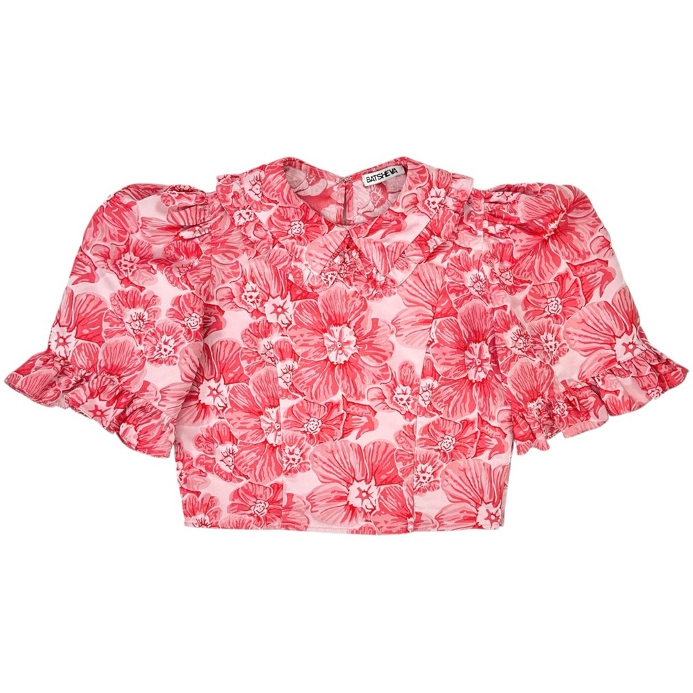 BATSHEVA Red Floral Ruffled Peter Pan Collar Puff Sleeve Crop Top sz 4